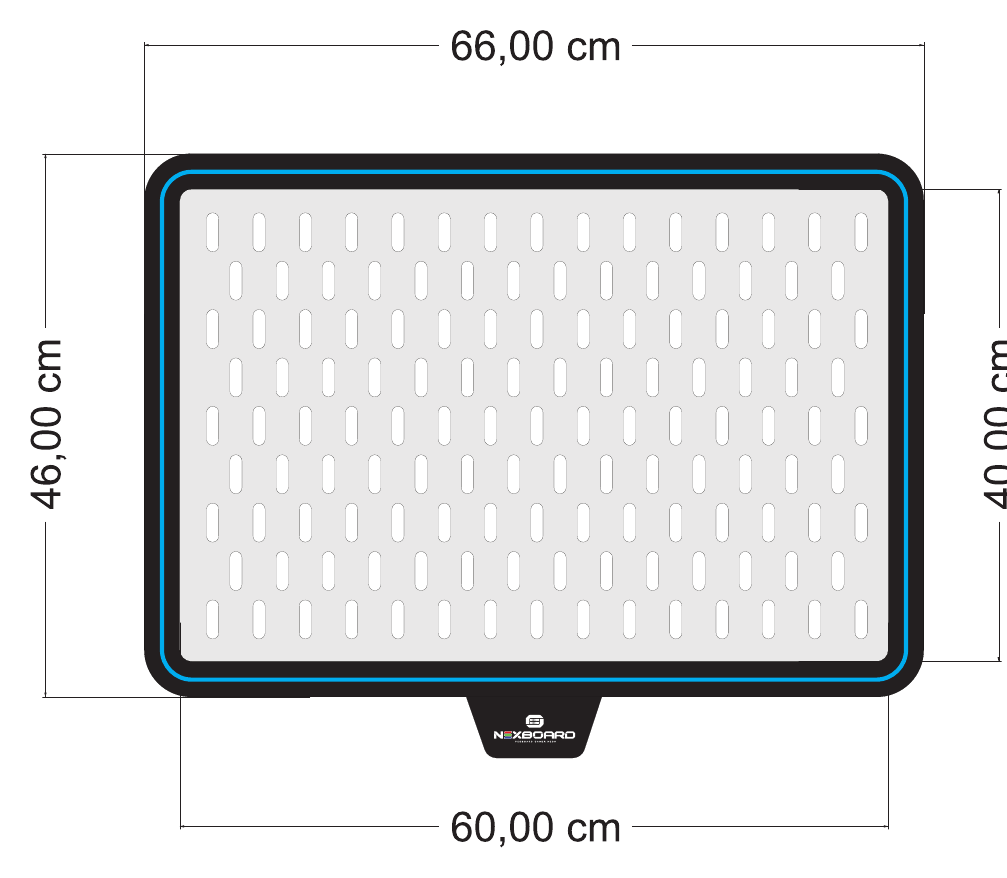 Desenho técnico: moldura de 66 × 46 cm com placa de 60 × 40 cm e o neon contornando a placa